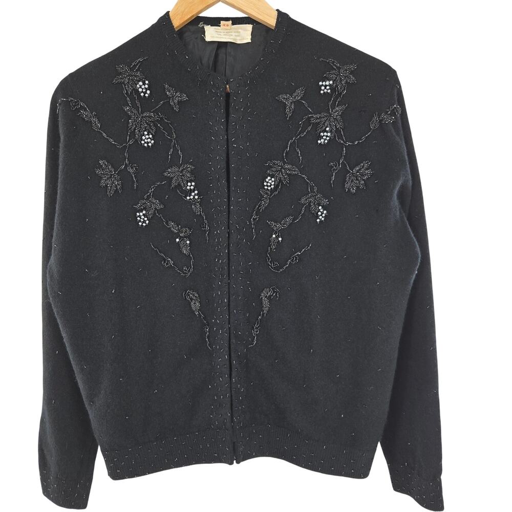Vtg 50s Women Whimsigoth Fairy Floral Beaded Embroidered Angora Cardigan 40 (L)
